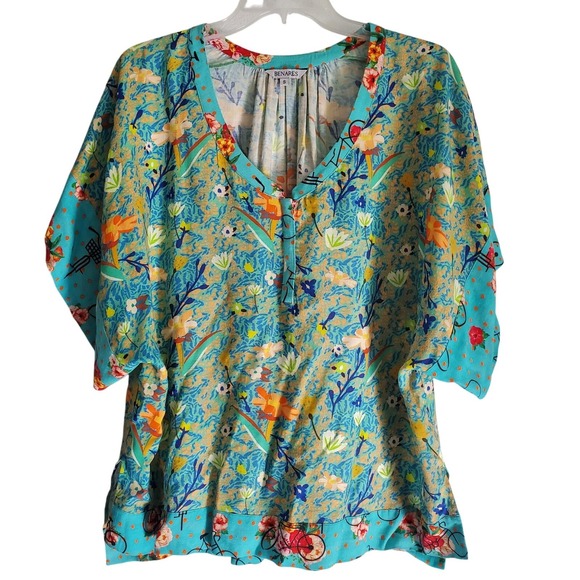 Benares Tops - Benares Shirt Womens Small Teal Floral Boho Tunic Kimono Sleeve Oversized Artsy‎